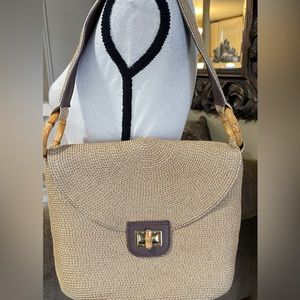 Eric Javits Women Brown Woven Raffia Leather Strap Casual Med Purse Shoulder Bag